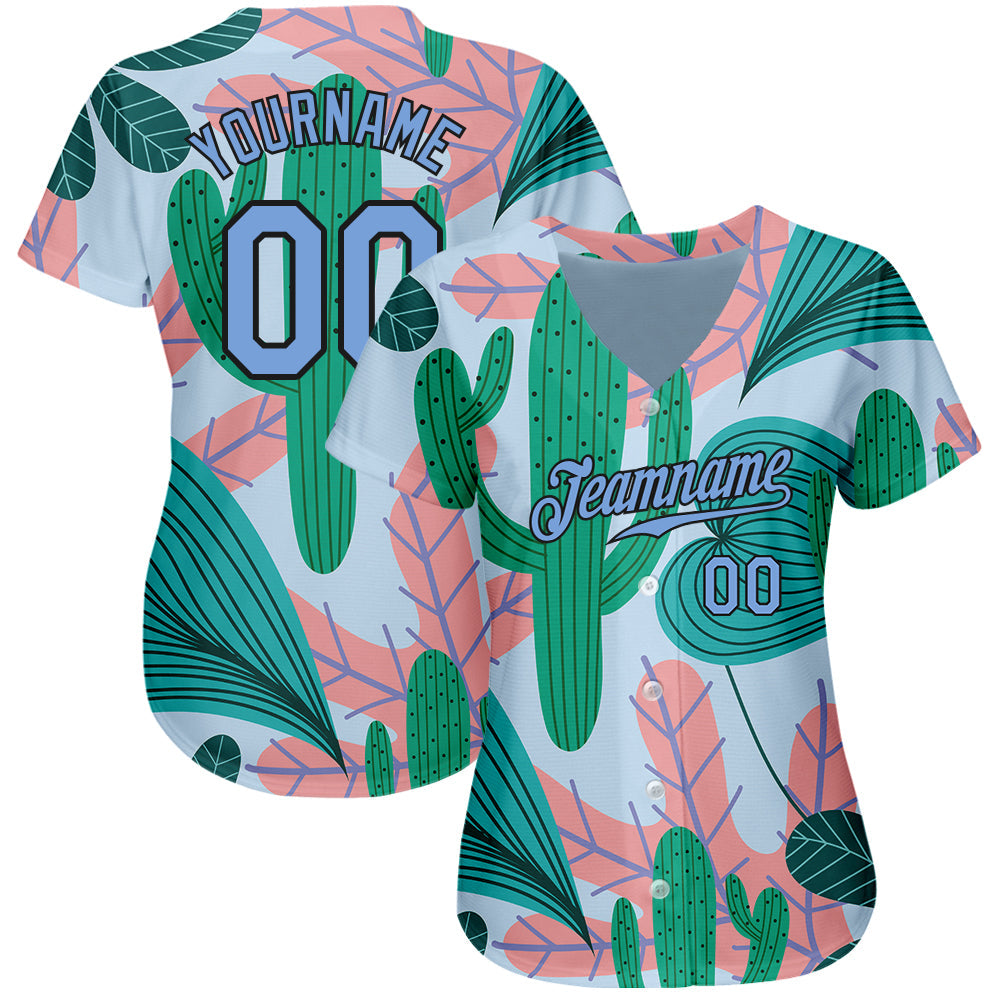 Custom Sky Blue Light Blue-Black 3D Pattern Design Cactus And Leaves Authentic Baseball Jersey view 2