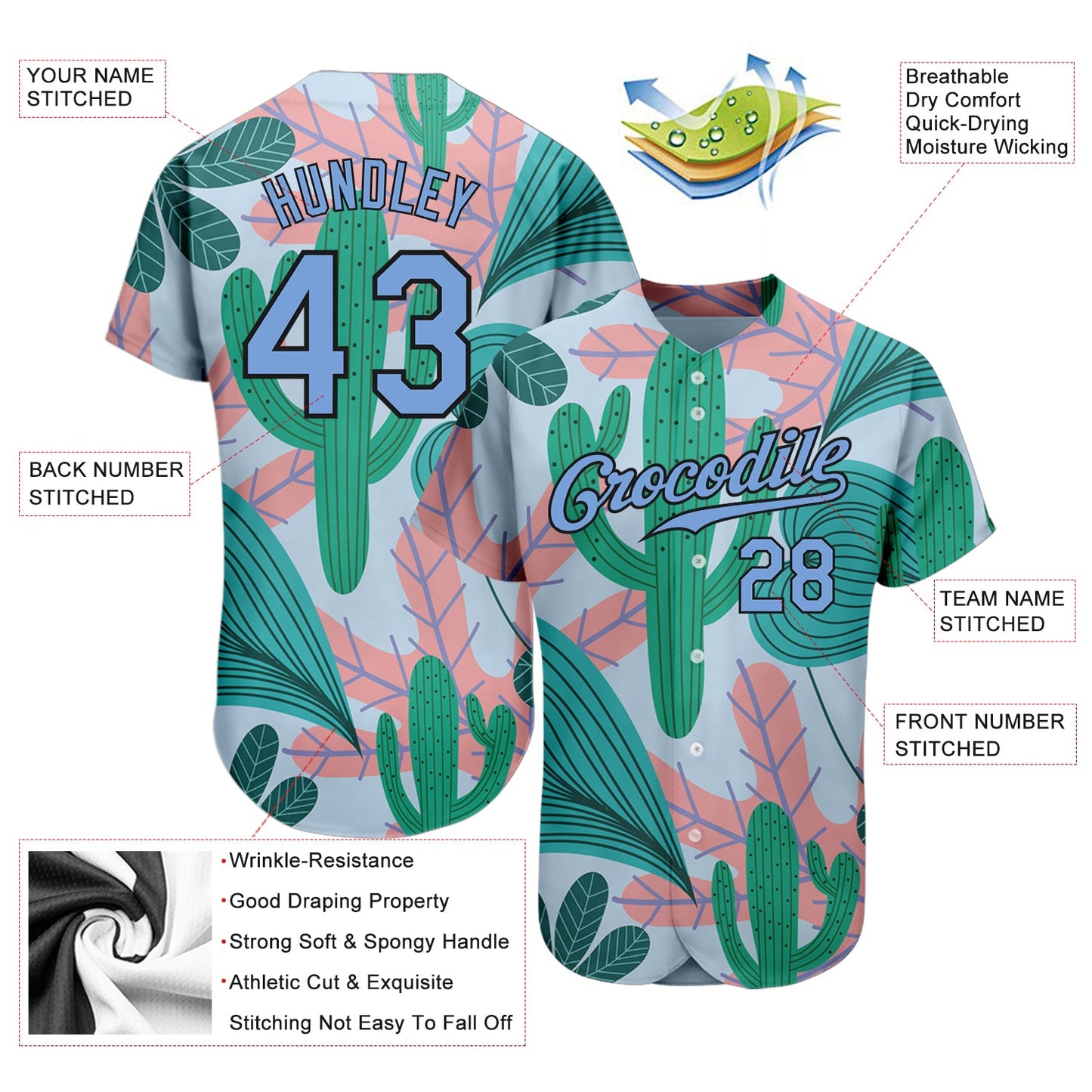 Custom Sky Blue Light Blue-Black 3D Pattern Design Cactus And Leaves Authentic Baseball Jersey view 3