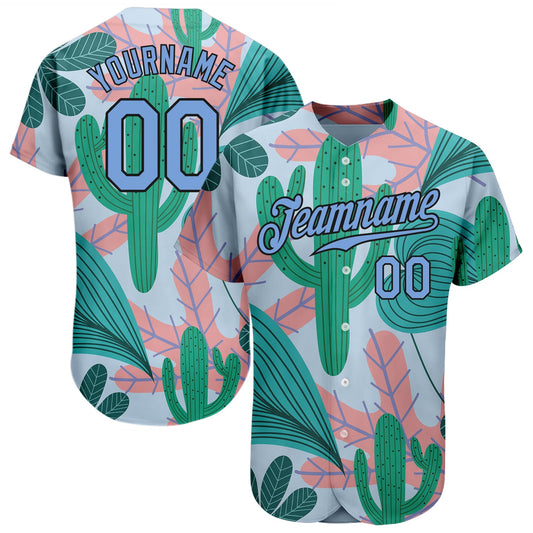 Custom Sky Blue Light Blue-Black 3D Pattern Design Cactus And Leaves Authentic Baseball Jersey - Main View