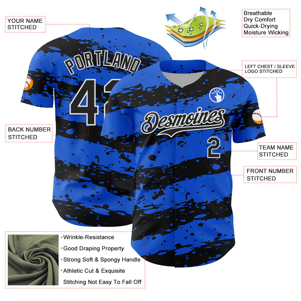 Custom Thunder Blue Black-White Paint Splash Stripe Authentic Baseball Jersey view 3