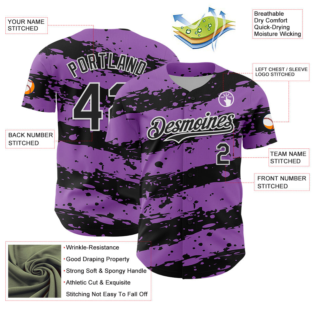 Custom Medium Purple Black-White Paint Splash Stripe Authentic Baseball Jersey view 3