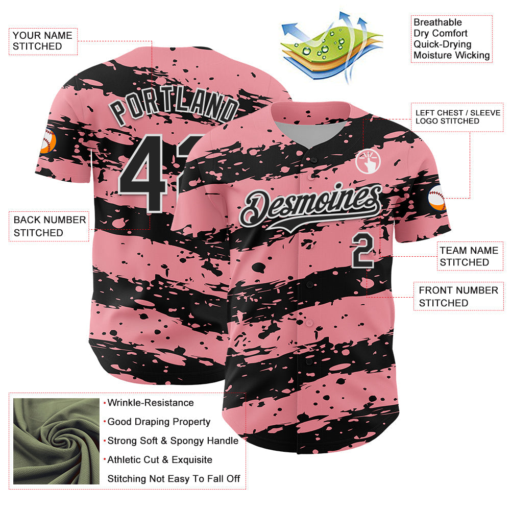 Custom Medium Pink Black-White Paint Splash Stripe Authentic Baseball Jersey view 3