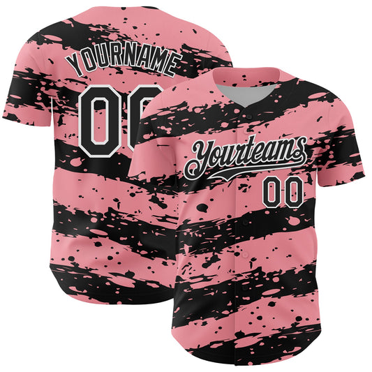 Custom Medium Pink Black-White Paint Splash Stripe Authentic Baseball Jersey - Main View