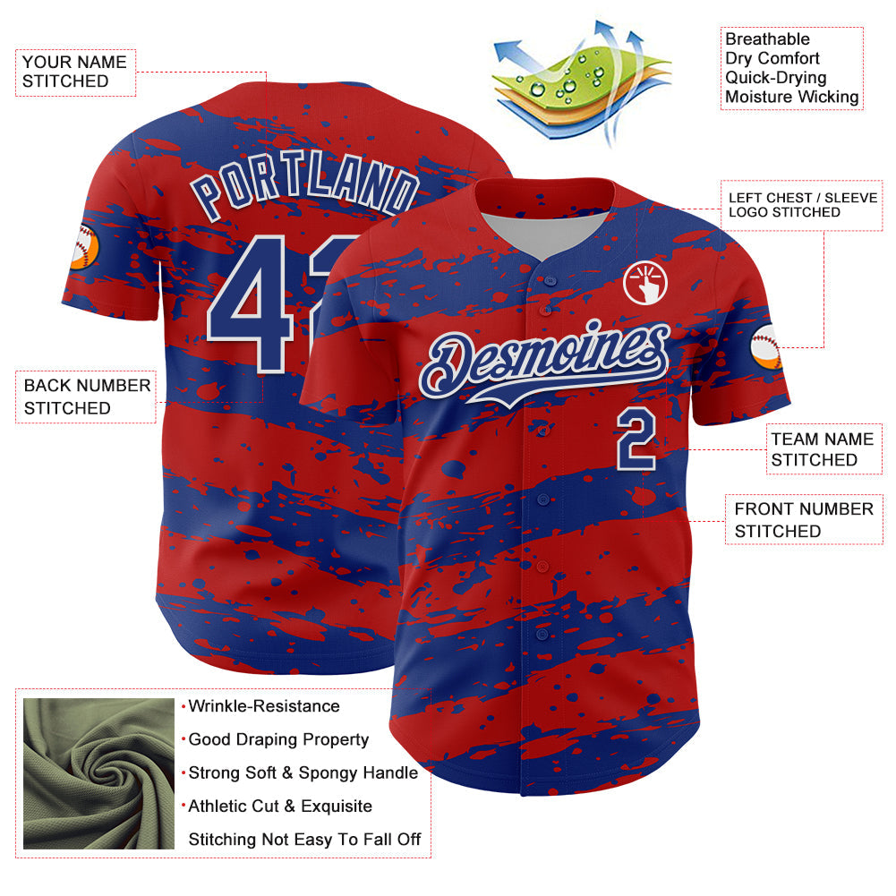Custom Red Royal-White Paint Splash Stripe Authentic Baseball Jersey view 3