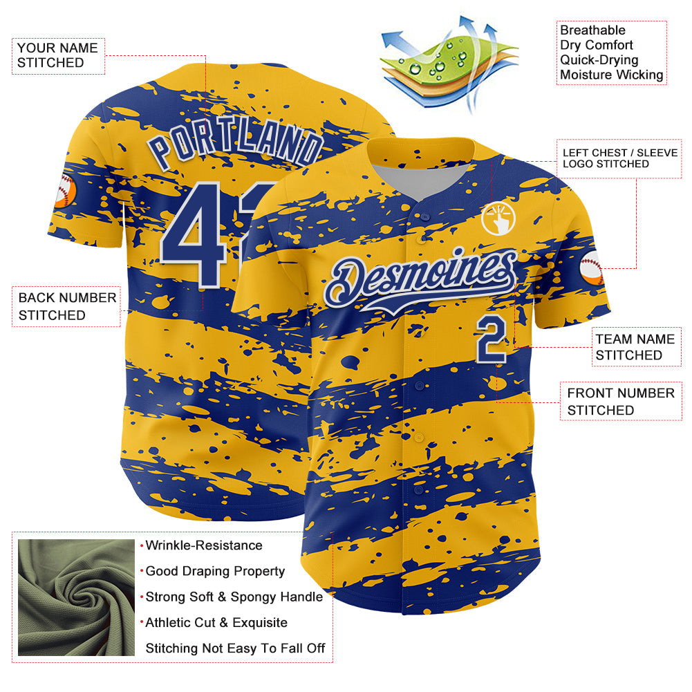 Custom Gold Royal-White Paint Splash Stripe Authentic Baseball Jersey view 3