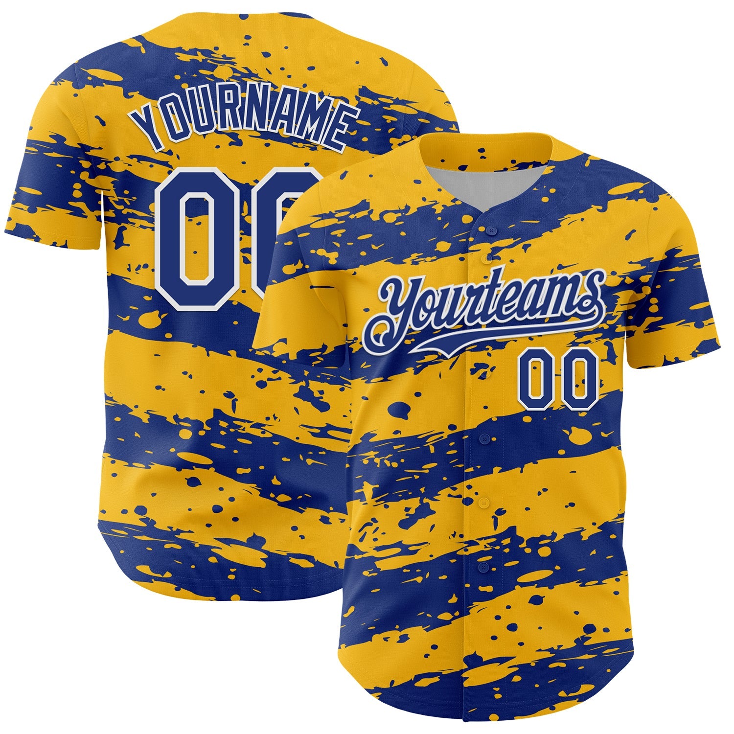 Custom Gold Royal-White Paint Splash Stripe Authentic Baseball Jersey - Main View