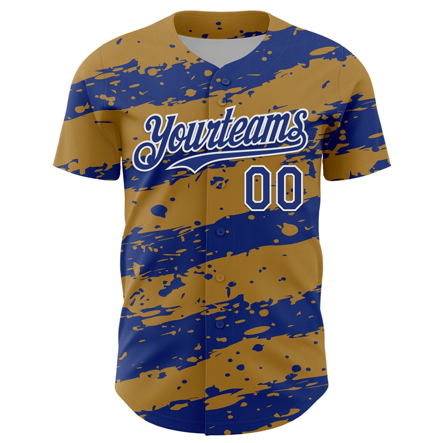 Custom Old Gold Royal-White Paint Splash Stripe Authentic Baseball Jersey view 2