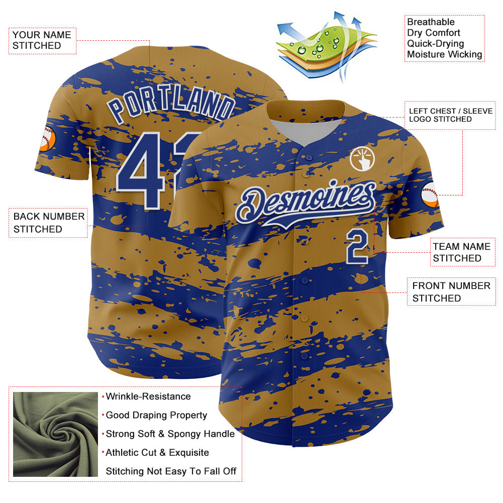 Custom Old Gold Royal-White Paint Splash Stripe Authentic Baseball Jersey view 3