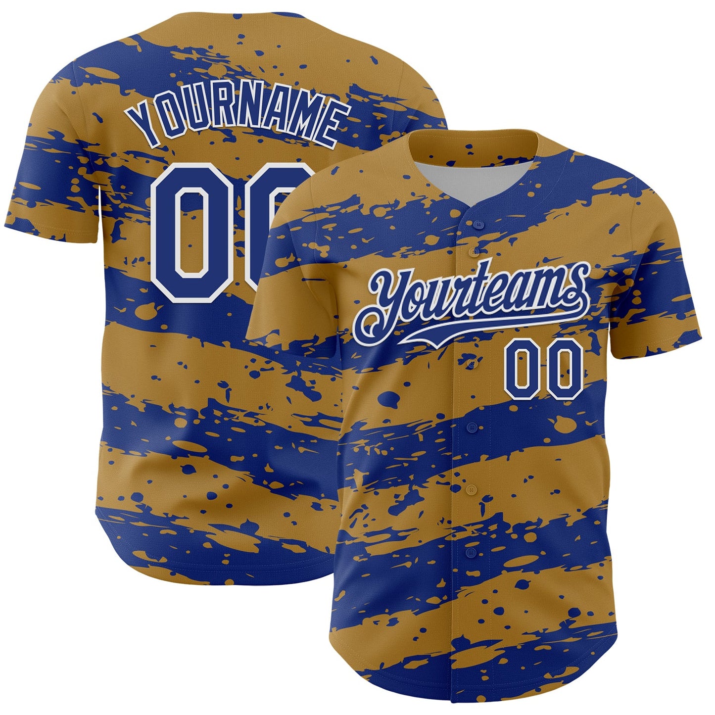 Custom Old Gold Royal-White Paint Splash Stripe Authentic Baseball Jersey - Main View