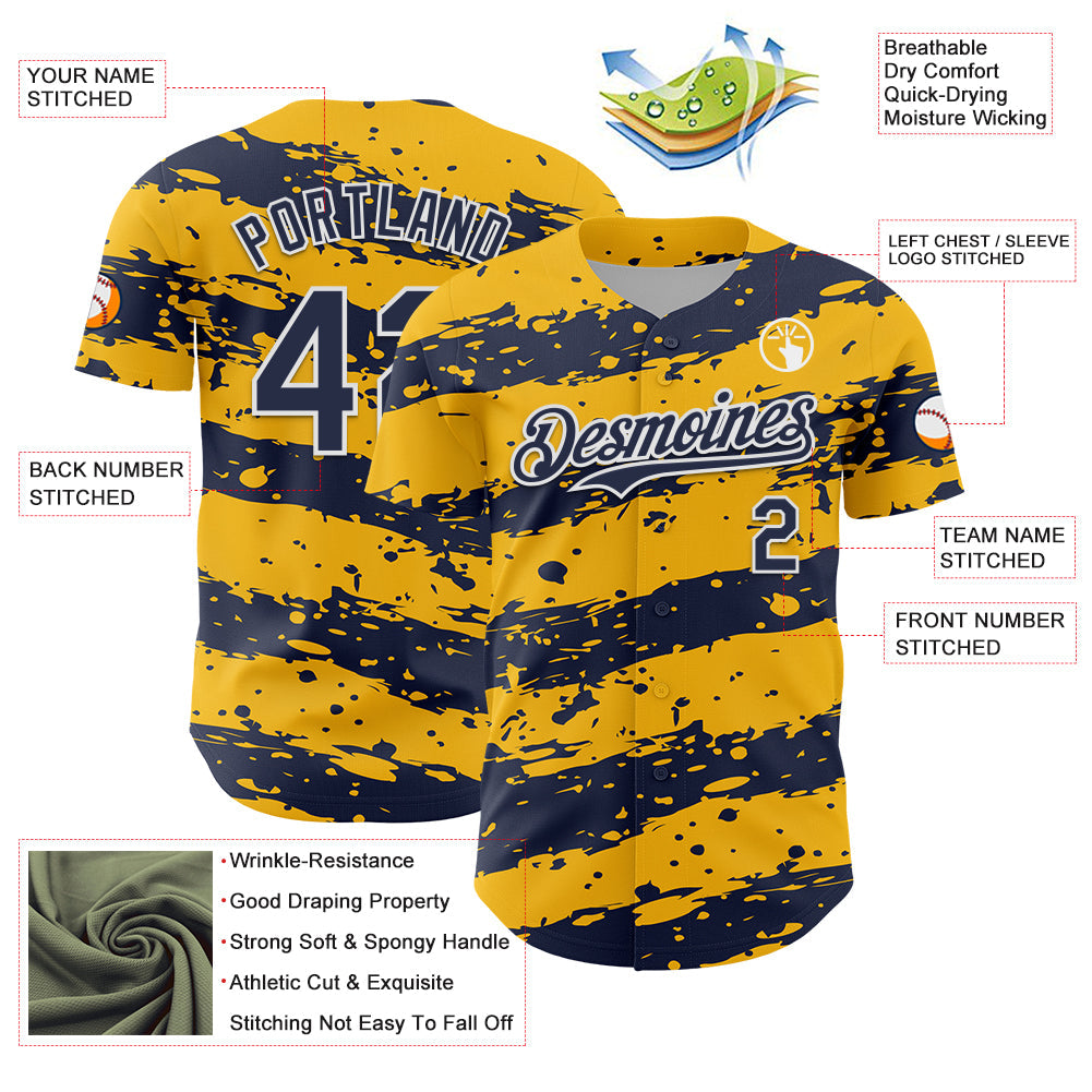 Custom Gold Navy-White Paint Splash Stripe Authentic Baseball Jersey view 3
