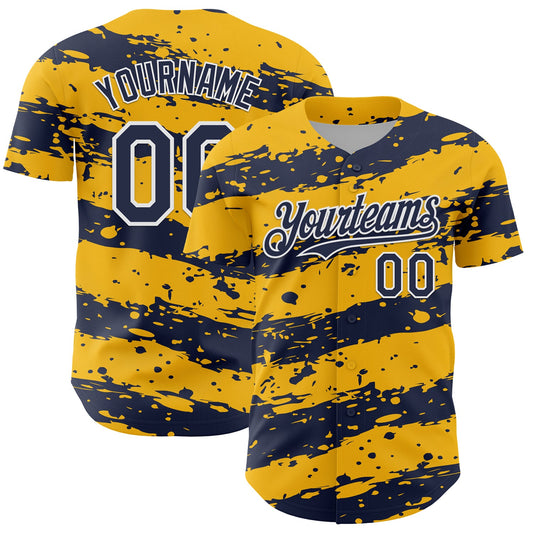 Custom Gold Navy-White Paint Splash Stripe Authentic Baseball Jersey - Main View