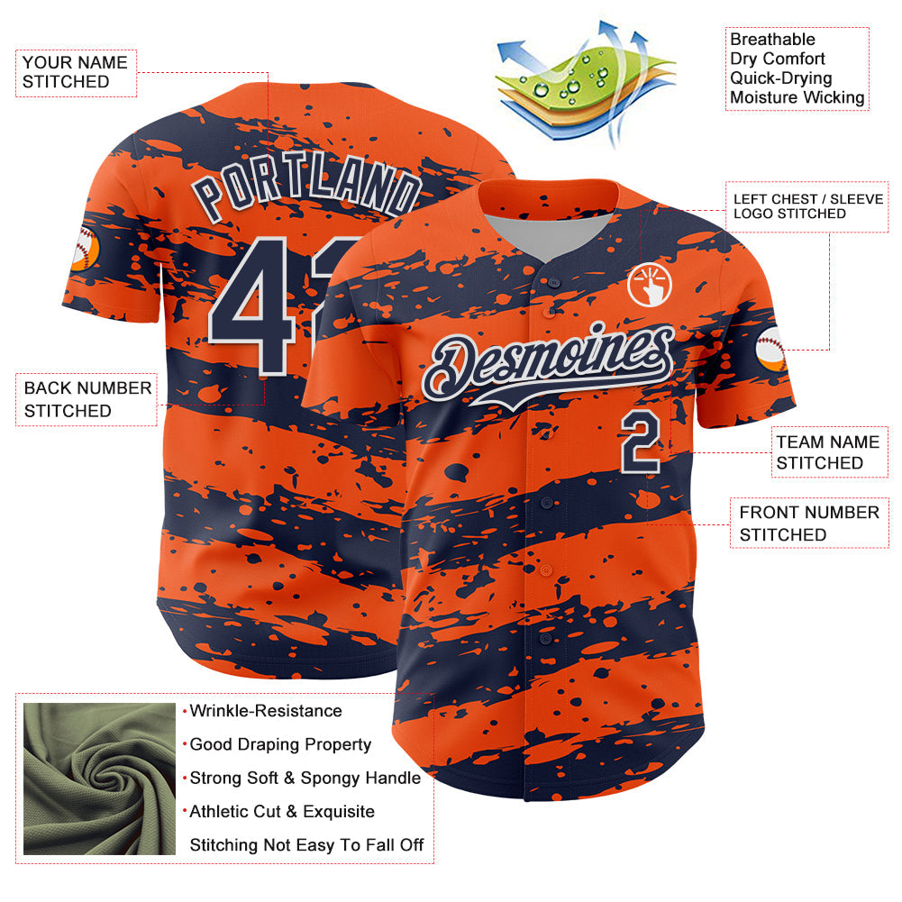 Custom Orange Navy-White Paint Splash Stripe Authentic Baseball Jersey view 3
