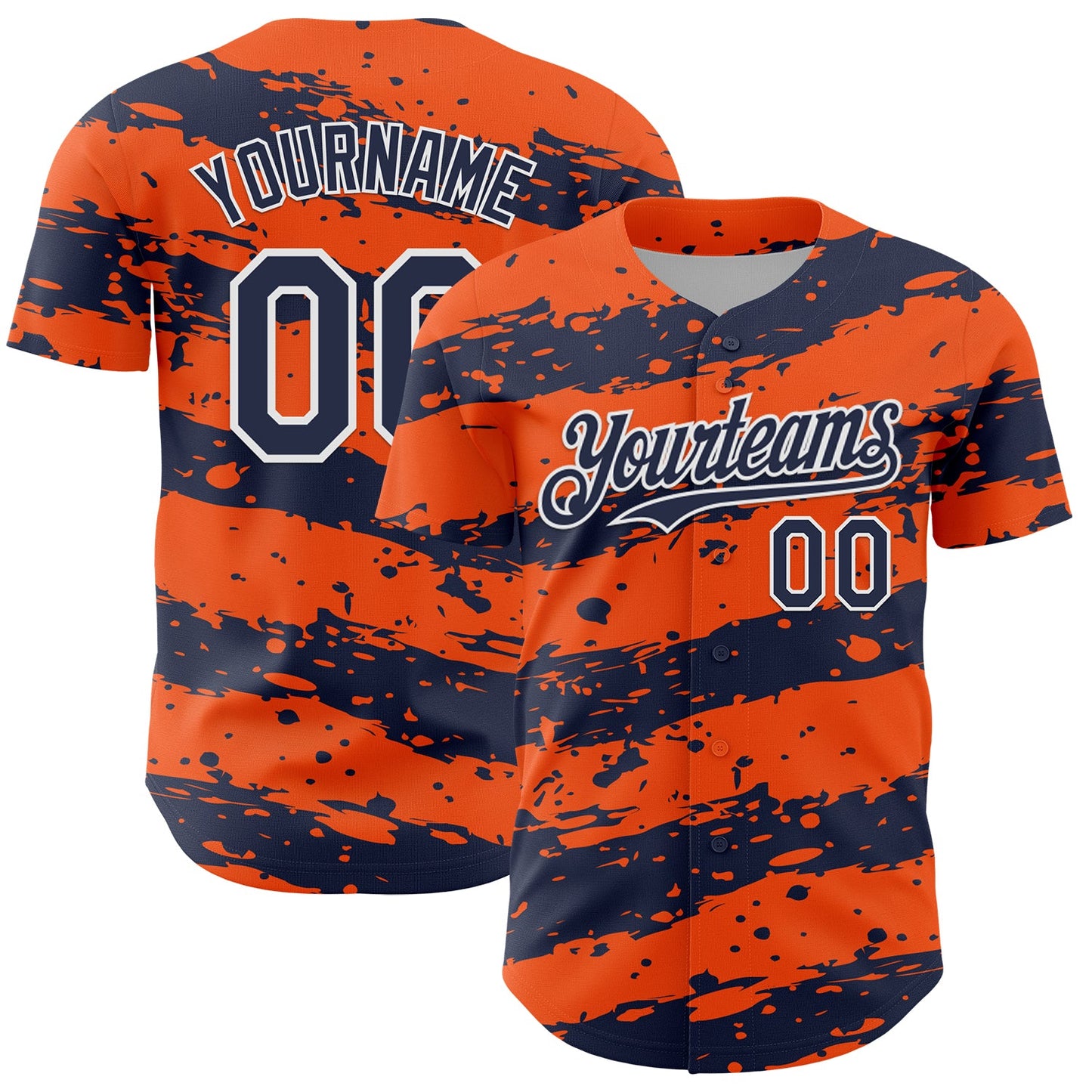 Custom Orange Navy-White Paint Splash Stripe Authentic Baseball Jersey - Main View