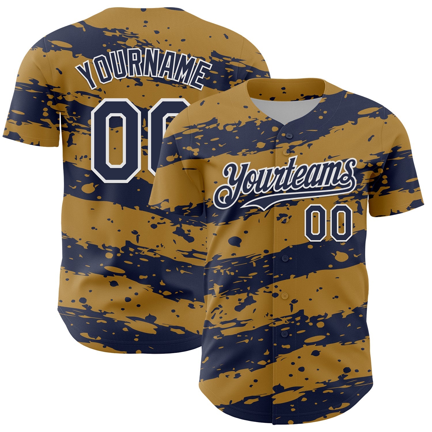 Custom Old Gold Navy-White Paint Splash Stripe Authentic Baseball Jersey - Main View