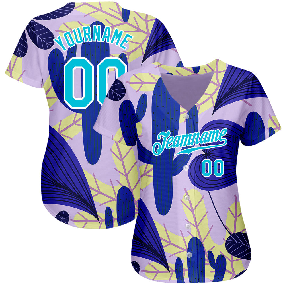 Custom Purple Lakes Blue-White 3D Pattern Design Cactus And Leaves Authentic Baseball Jersey view 2