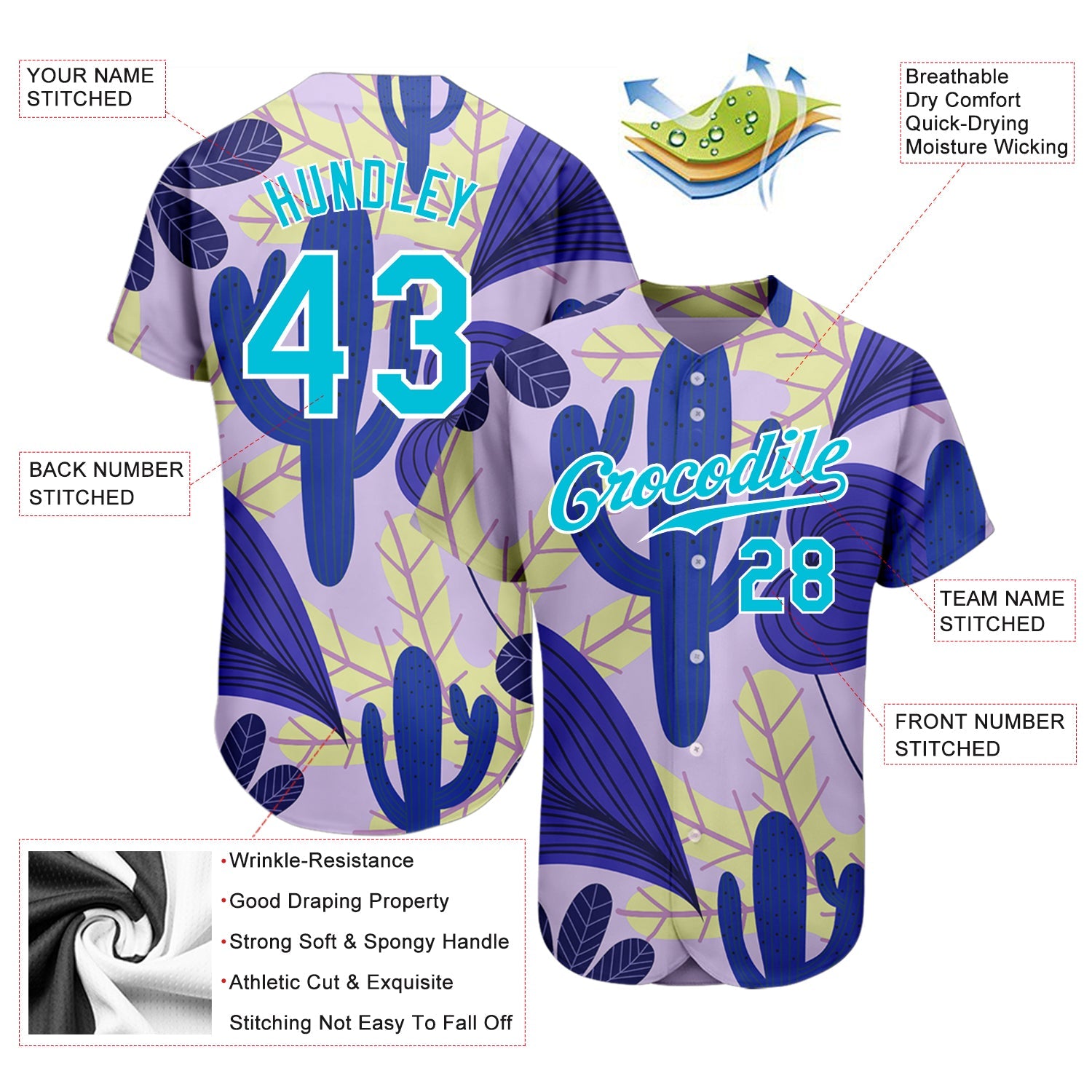 Custom Purple Lakes Blue-White 3D Pattern Design Cactus And Leaves Authentic Baseball Jersey view 3