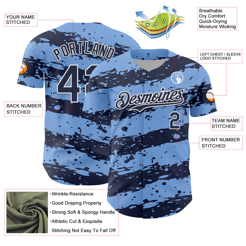 Custom Light Blue Navy-White Paint Splash Stripe Authentic Baseball Jersey view 3