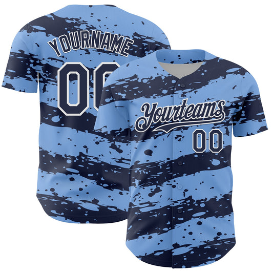 Custom Light Blue Navy-White Paint Splash Stripe Authentic Baseball Jersey - Main View