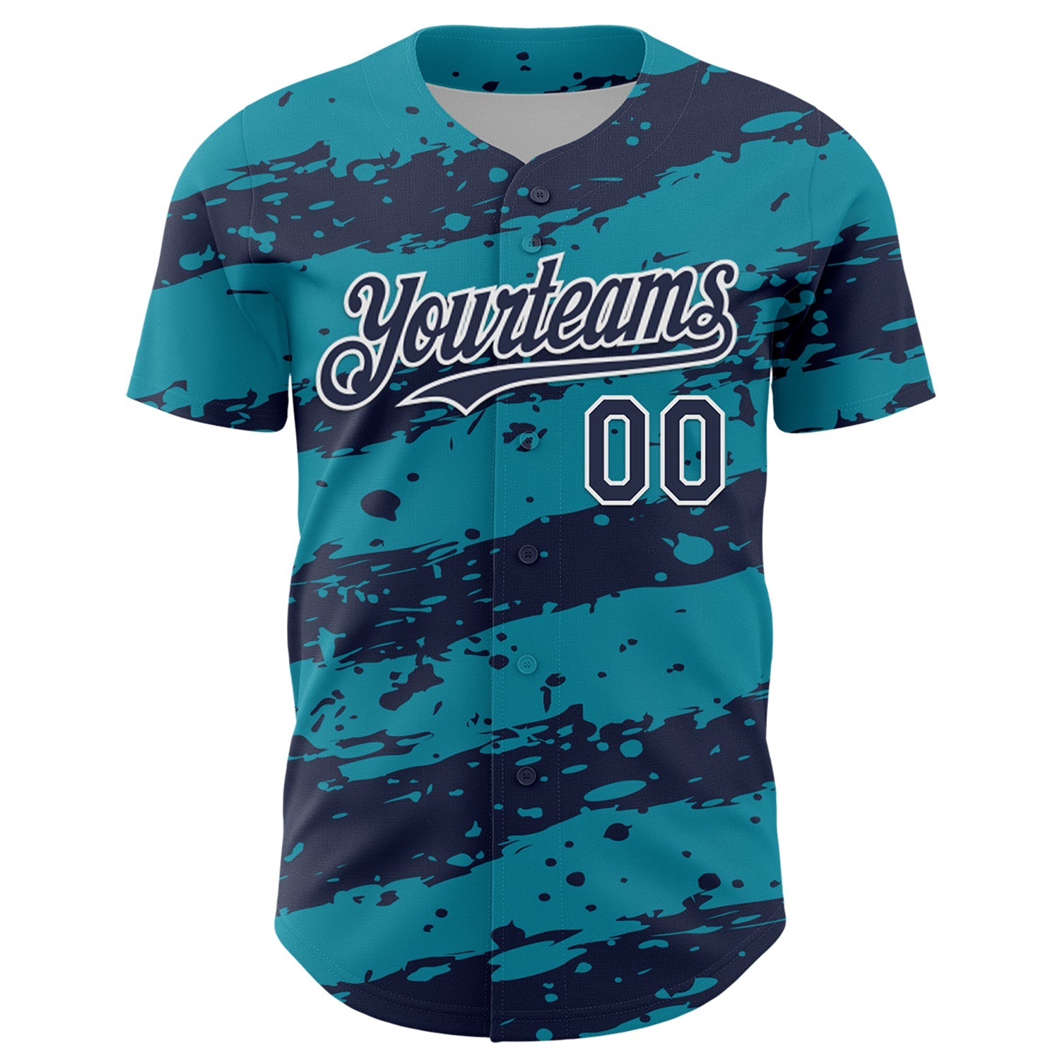 Custom Teal Navy-White Paint Splash Stripe Authentic Baseball Jersey view 2