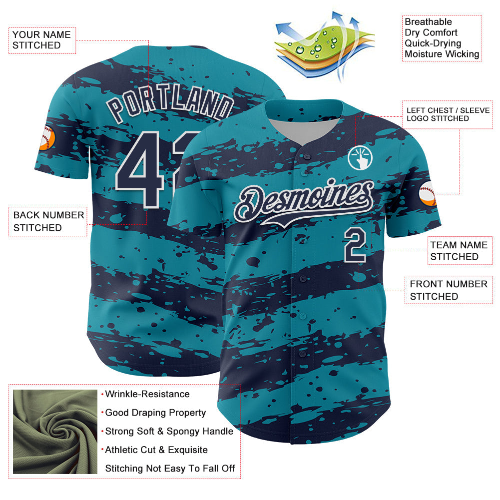 Custom Teal Navy-White Paint Splash Stripe Authentic Baseball Jersey view 3