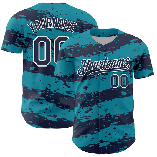 Custom Teal Navy-White Paint Splash Stripe Authentic Baseball Jersey - Main View
