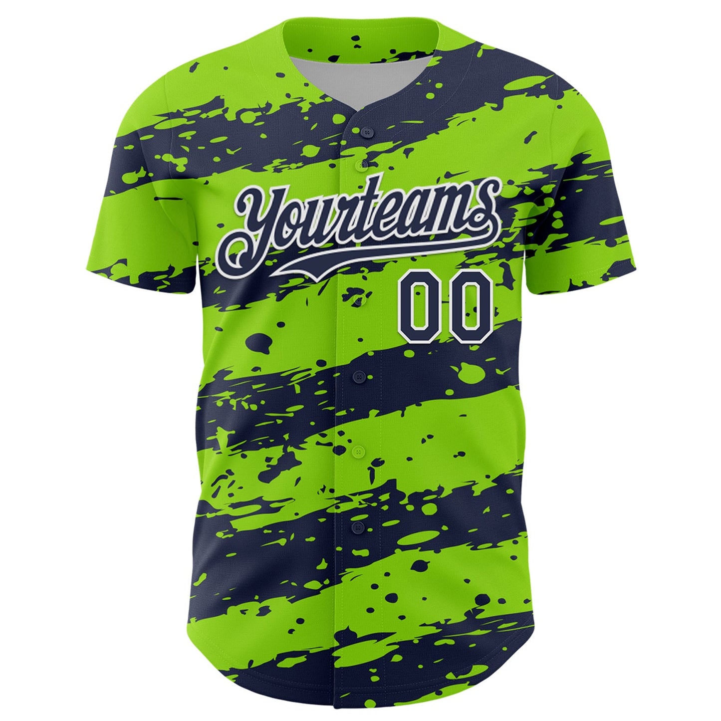 Custom Neon Green Navy-White Paint Splash Stripe Authentic Baseball Jersey view 2