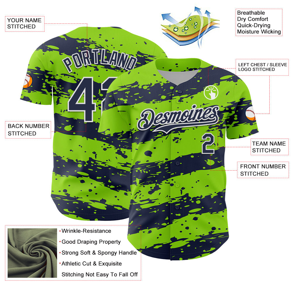 Custom Neon Green Navy-White Paint Splash Stripe Authentic Baseball Jersey view 3