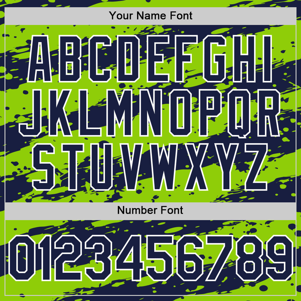 Custom Neon Green Navy-White Paint Splash Stripe Authentic Baseball Jersey view 5