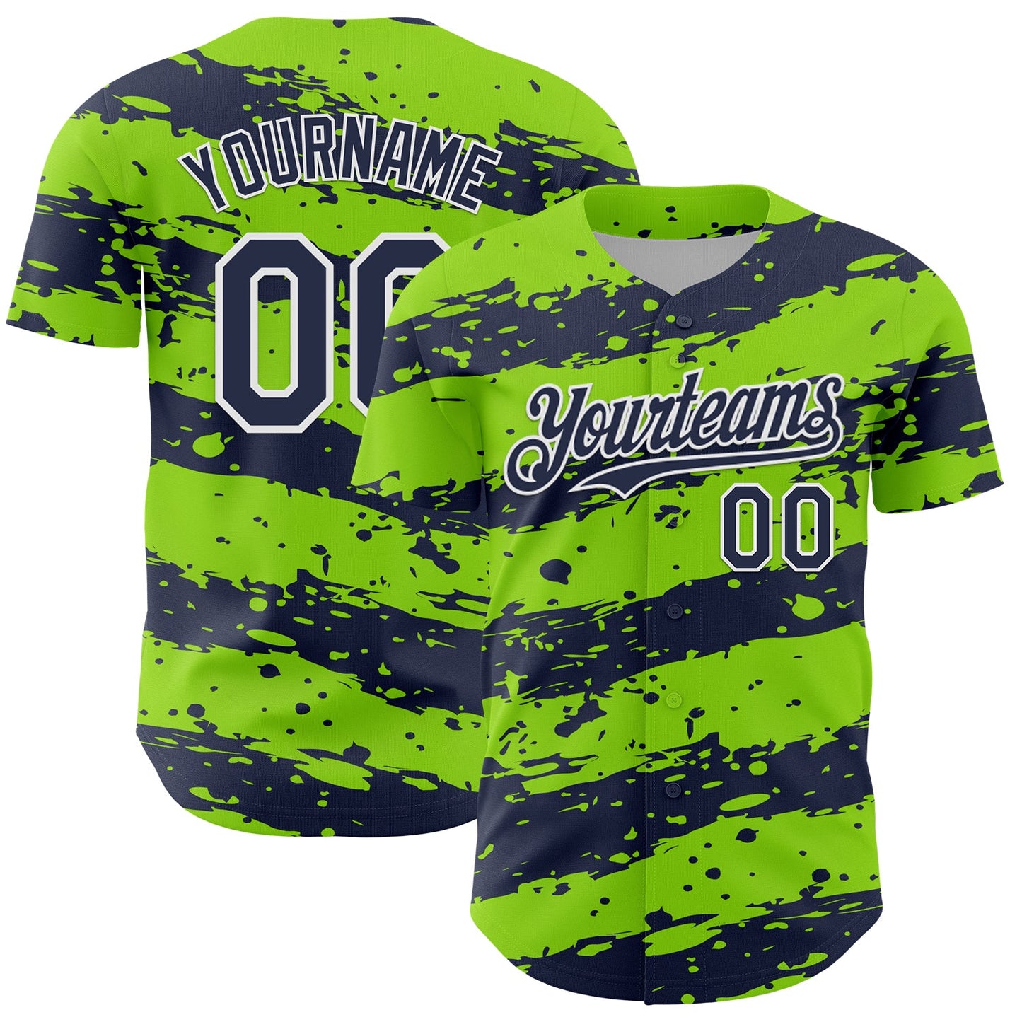 Custom Neon Green Navy-White Paint Splash Stripe Authentic Baseball Jersey - Main View