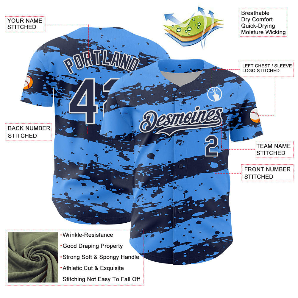 Custom Electric Blue Navy-White Paint Splash Stripe Authentic Baseball Jersey view 3
