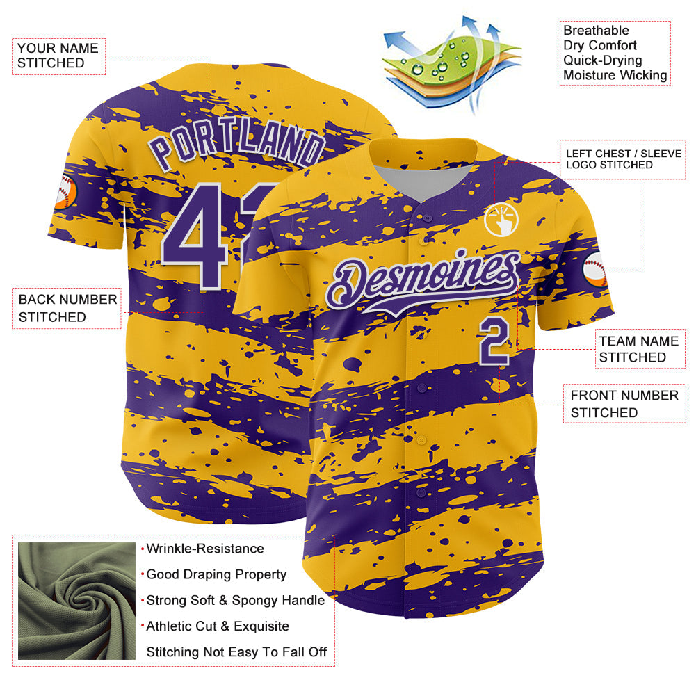 Custom Gold Purple-White Paint Splash Stripe Authentic Baseball Jersey view 3
