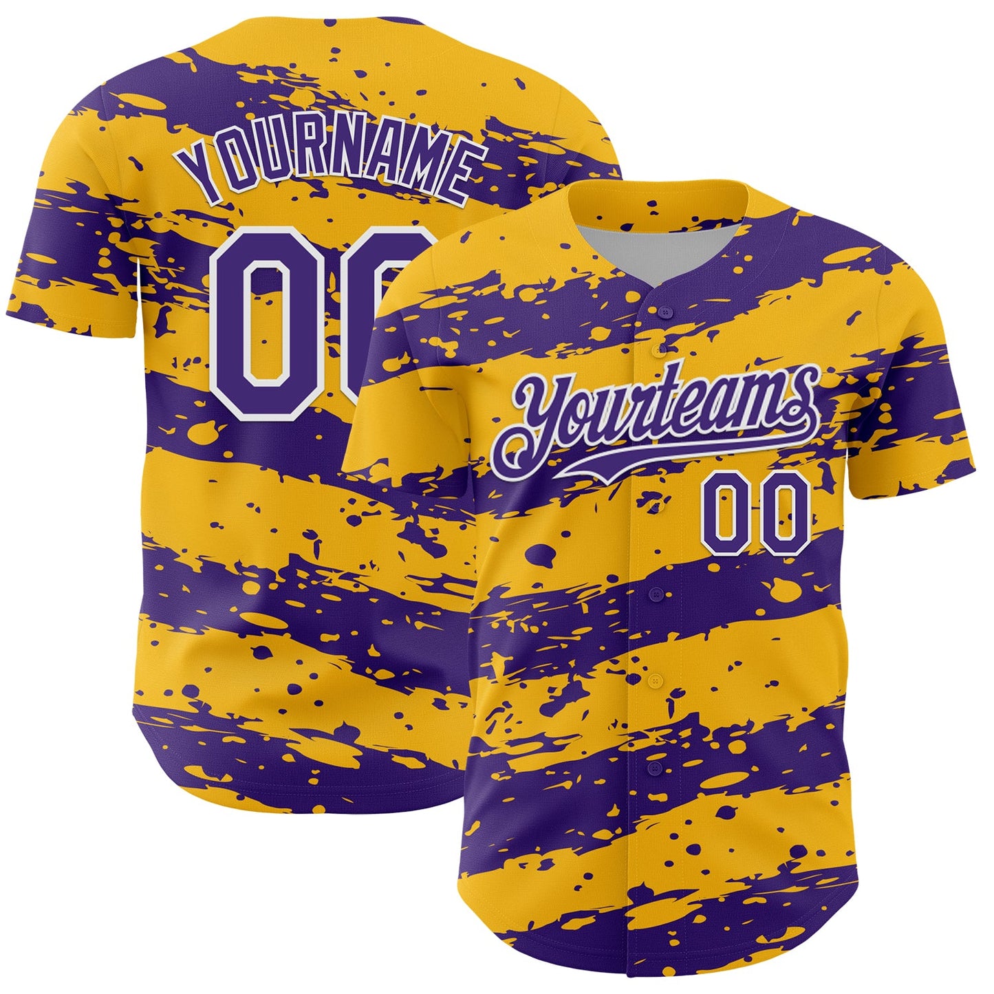 Custom Gold Purple-White Paint Splash Stripe Authentic Baseball Jersey - Main View