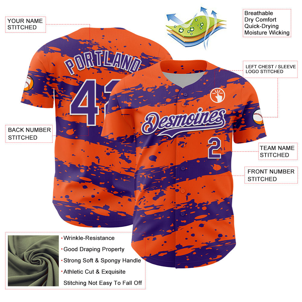 Custom Orange Purple-White Paint Splash Stripe Authentic Baseball Jersey view 3