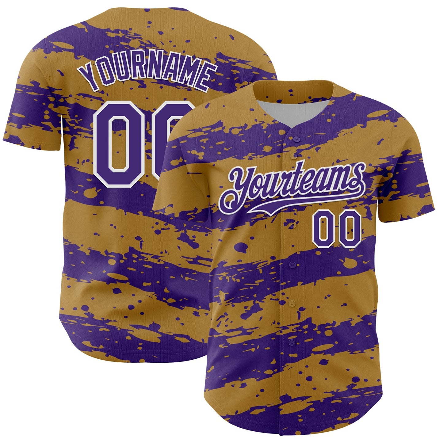 Custom Old Gold Purple-White Paint Splash Stripe Authentic Baseball Jersey - Main View