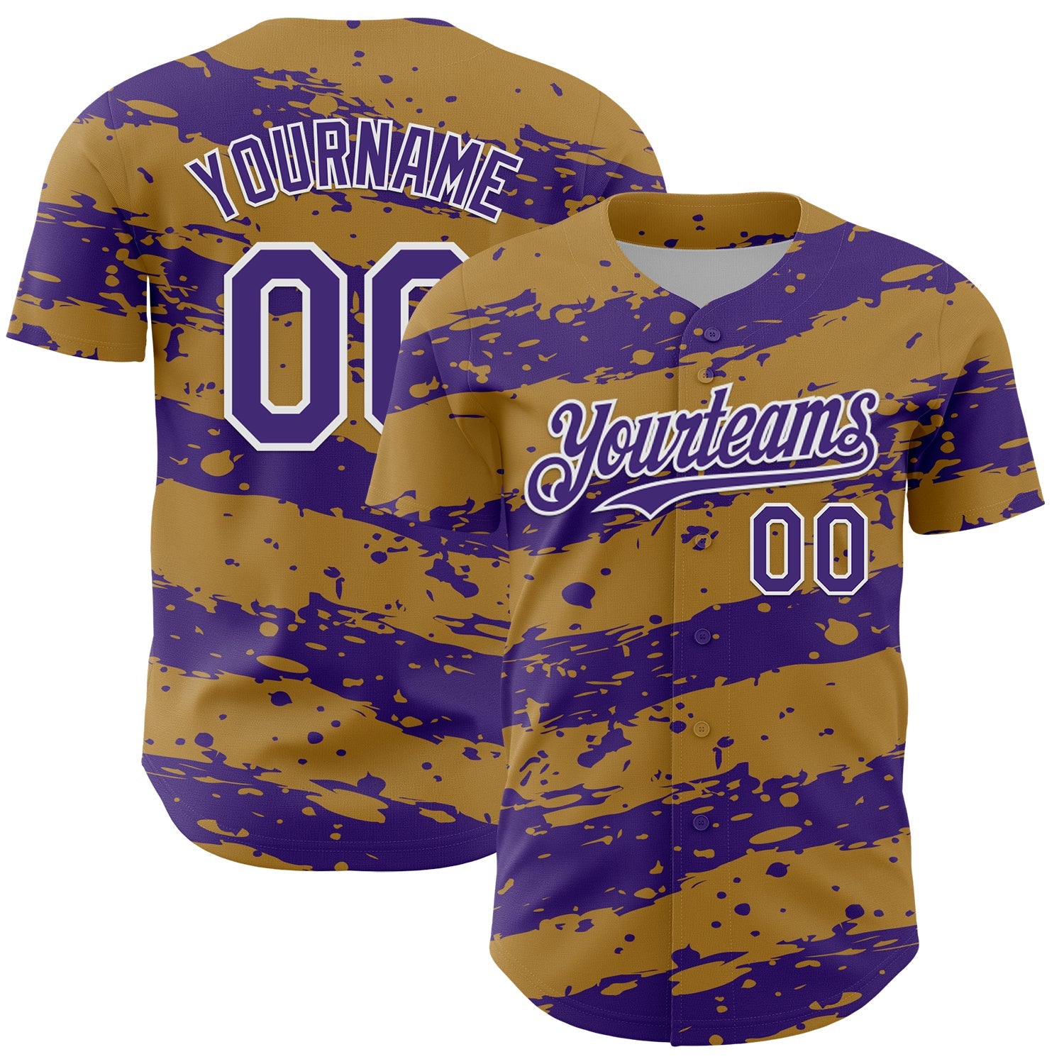 Custom Old Gold Purple-White Paint Splash Stripe Authentic Baseball Jersey - Main View