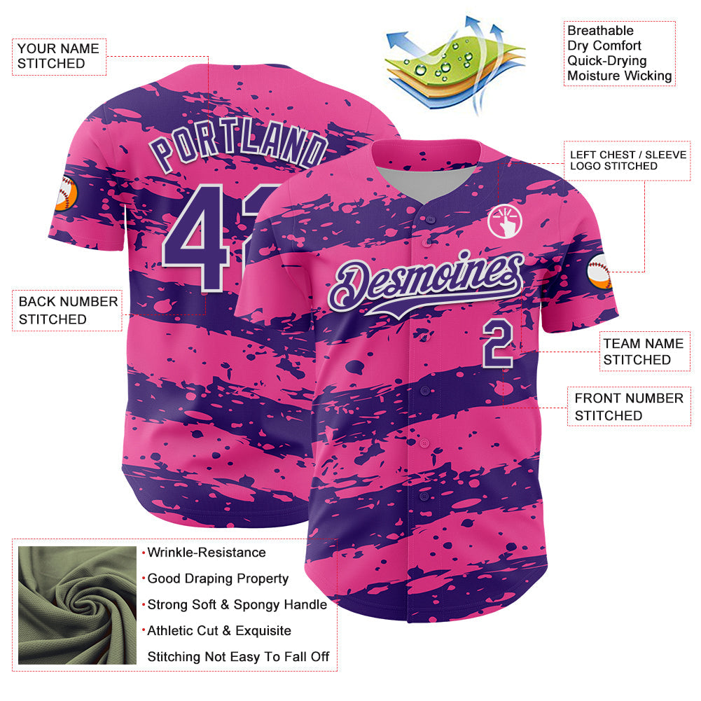 Custom Pink Purple-White Paint Splash Stripe Authentic Baseball Jersey view 3