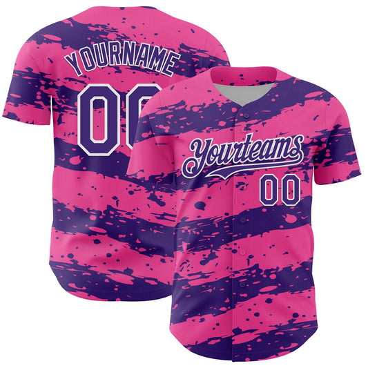 Custom Pink Purple-White Paint Splash Stripe Authentic Baseball Jersey - Main View