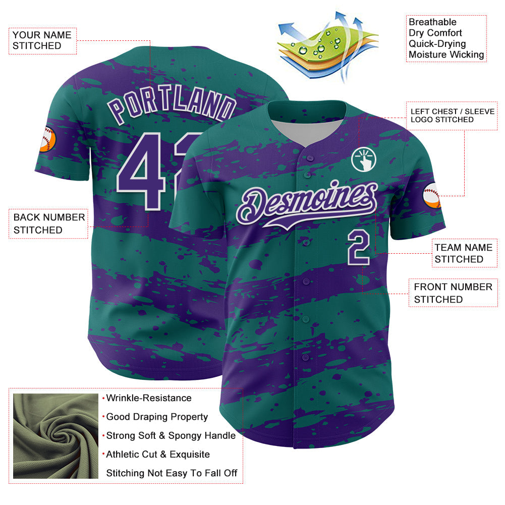 Custom Teal Purple-White Paint Splash Stripe Authentic Baseball Jersey view 3
