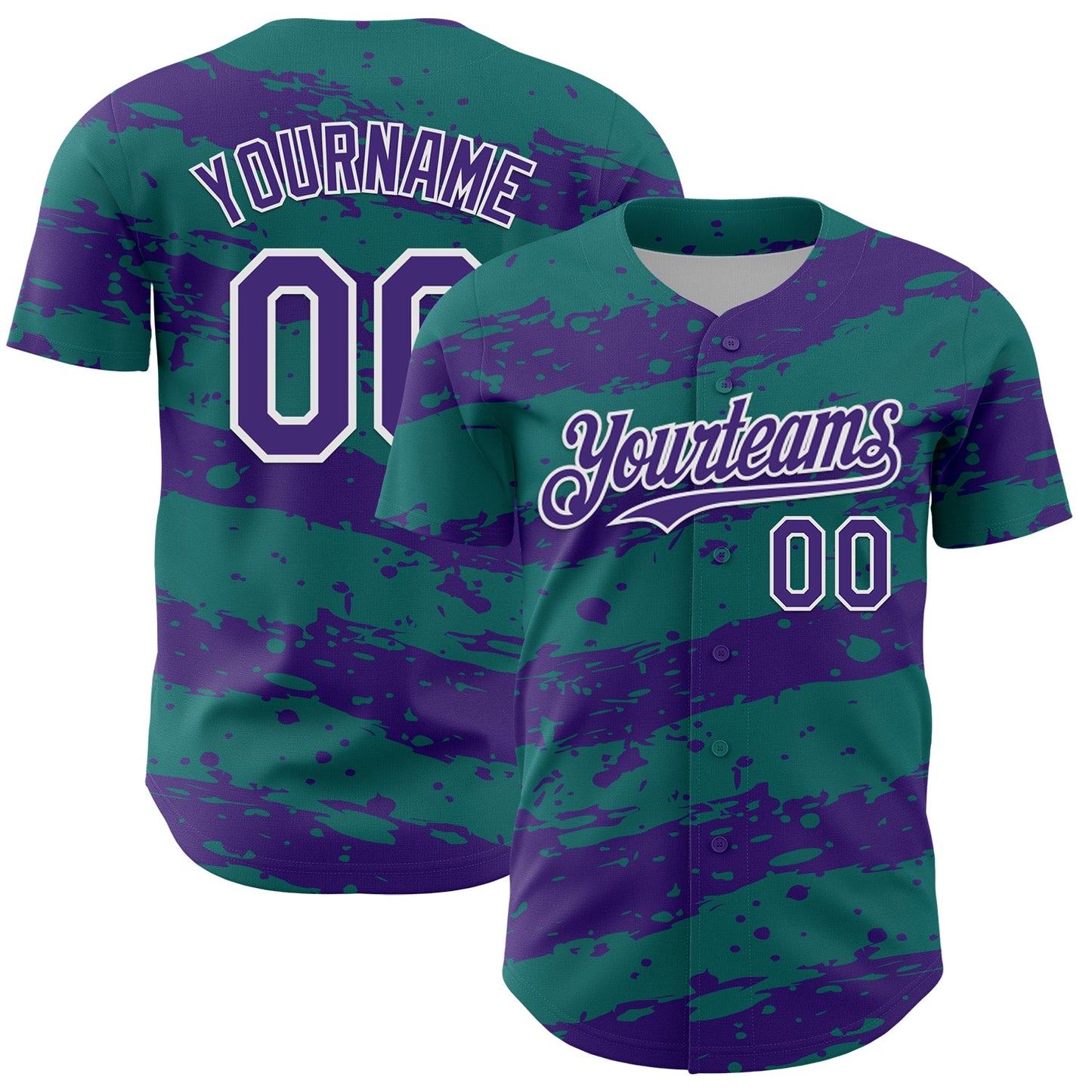 Custom Teal Purple-White Paint Splash Stripe Authentic Baseball Jersey - Main View