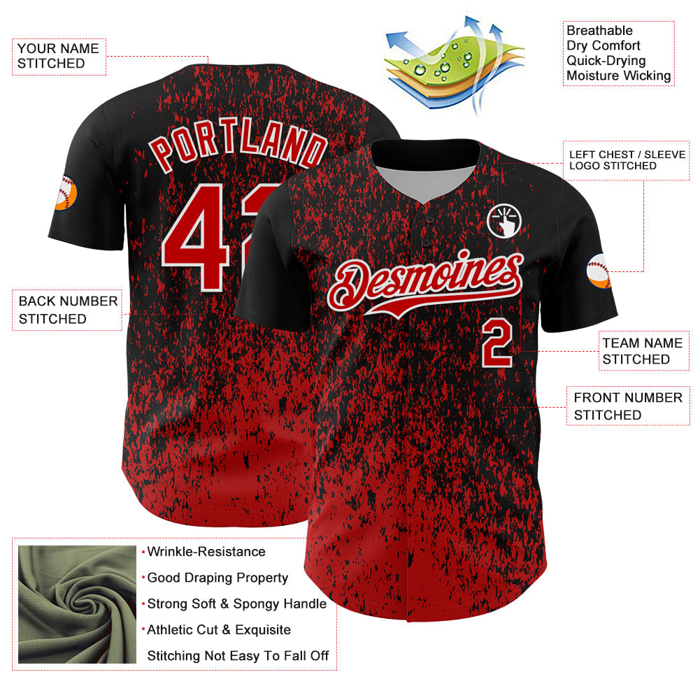 Custom Black Red-White Abstract Fragment Splatter Authentic Baseball Jersey view 3