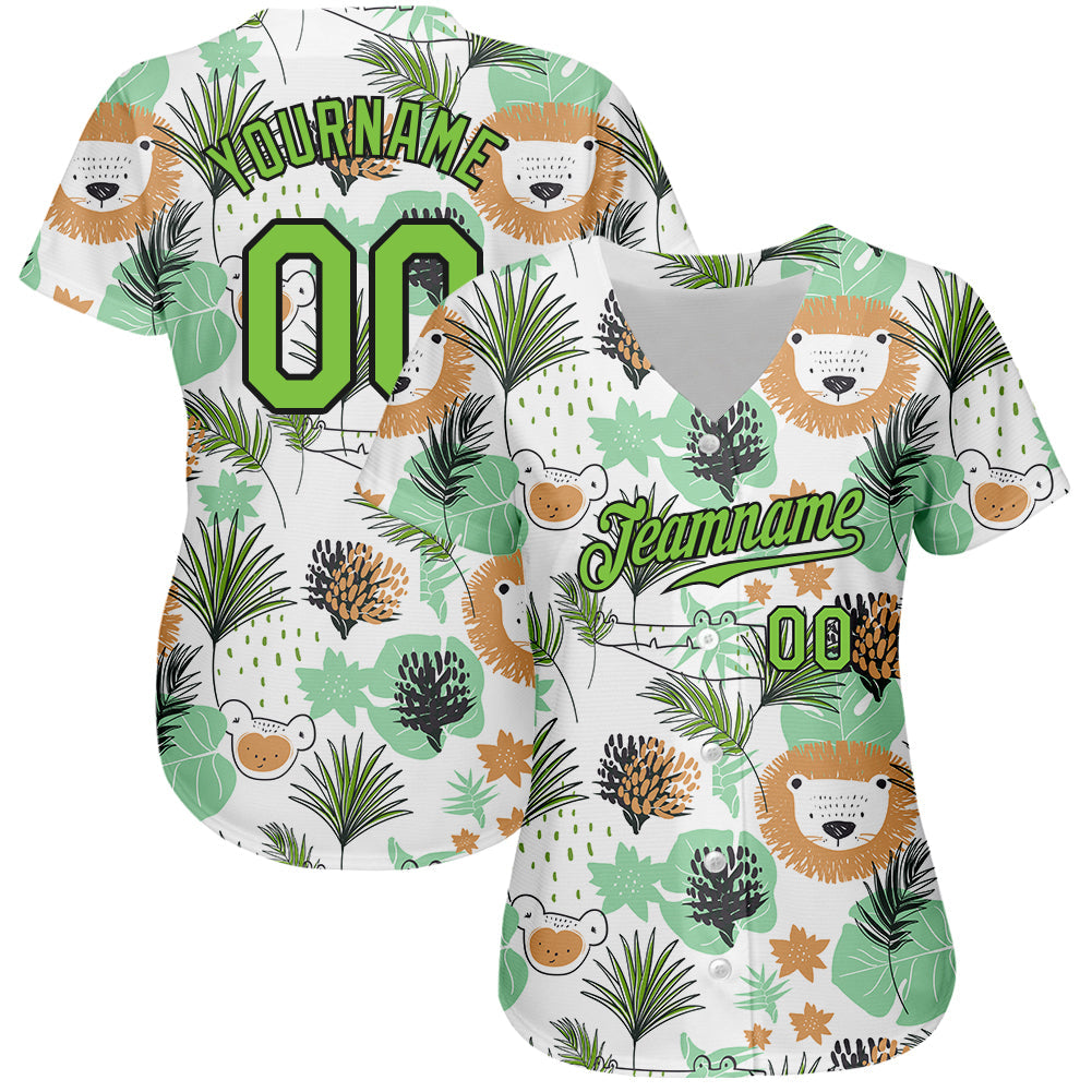 Custom White Neon Green-Black 3D Pattern Design Hawaii Palm Leaves And Lions Authentic Baseball Jersey view 2