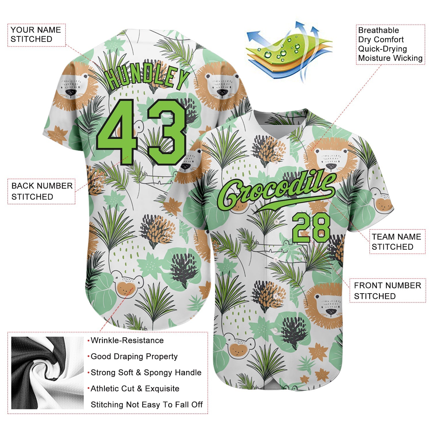 Custom White Neon Green-Black 3D Pattern Design Hawaii Palm Leaves And Lions Authentic Baseball Jersey view 3