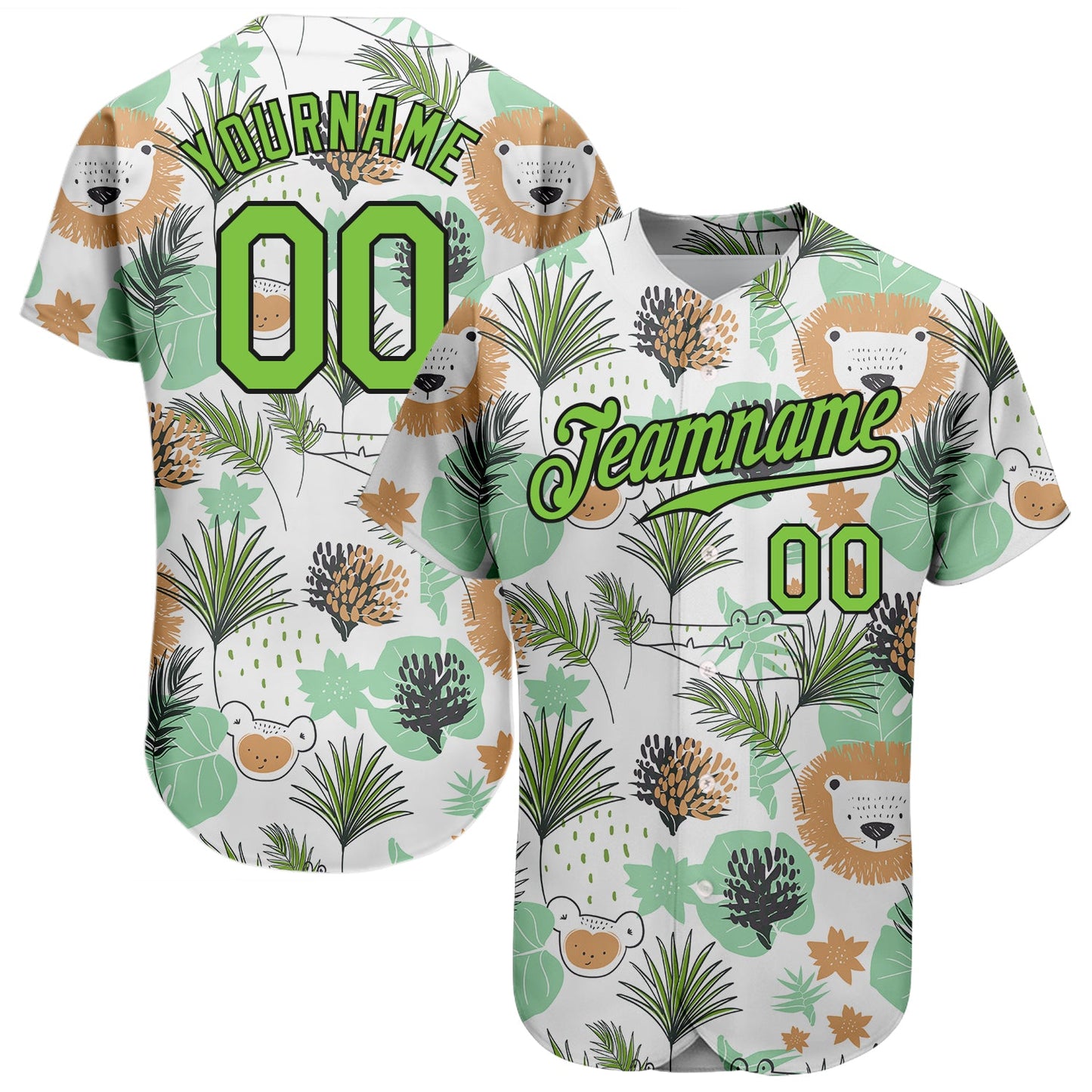 Custom White Neon Green-Black 3D Pattern Design Hawaii Palm Leaves And Lions Authentic Baseball Jersey - Main View
