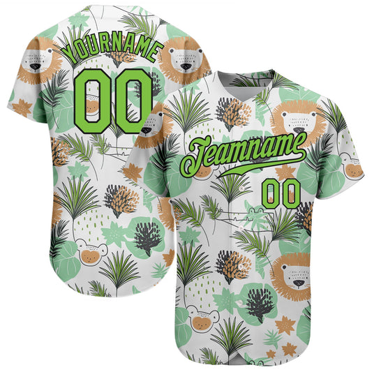 Custom White Neon Green-Black 3D Pattern Design Hawaii Palm Leaves And Lions Authentic Baseball Jersey - Main View