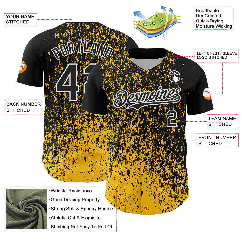 Custom Black Yellow-White Abstract Fragment Splatter Authentic Baseball Jersey view 3