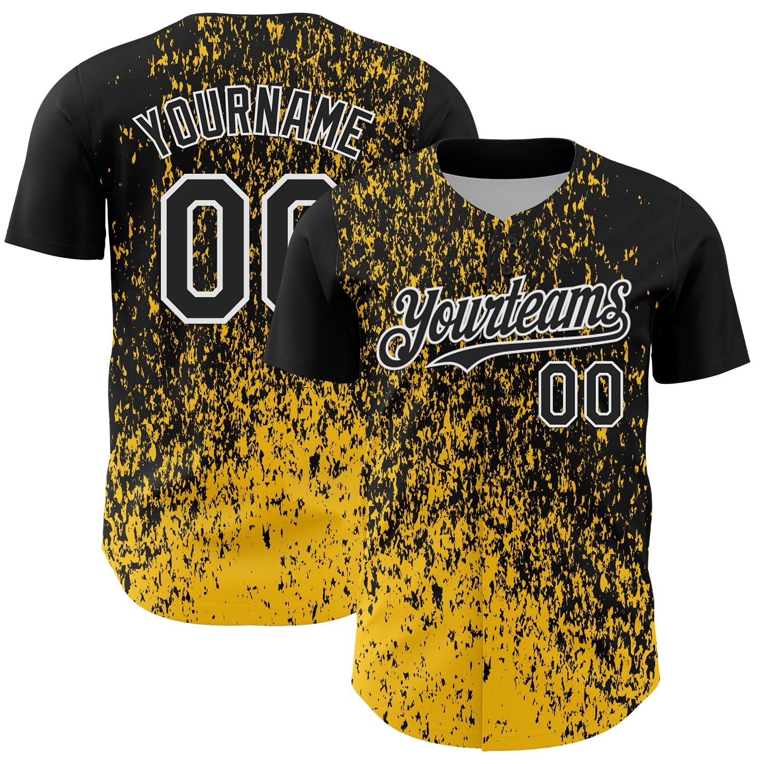 Custom Black Yellow-White Abstract Fragment Splatter Authentic Baseball Jersey - Main View