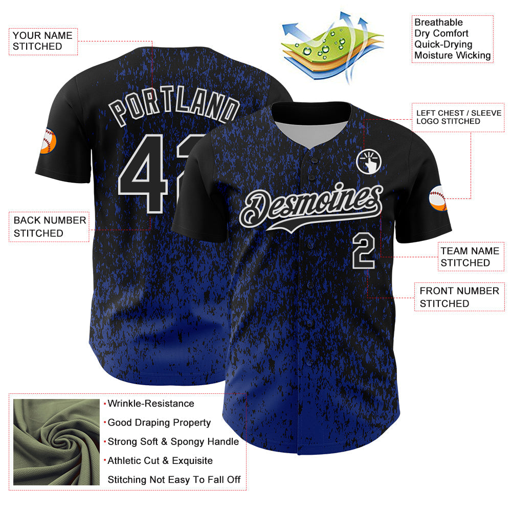 Custom Black Royal-White Abstract Fragment Splatter Authentic Baseball Jersey view 3