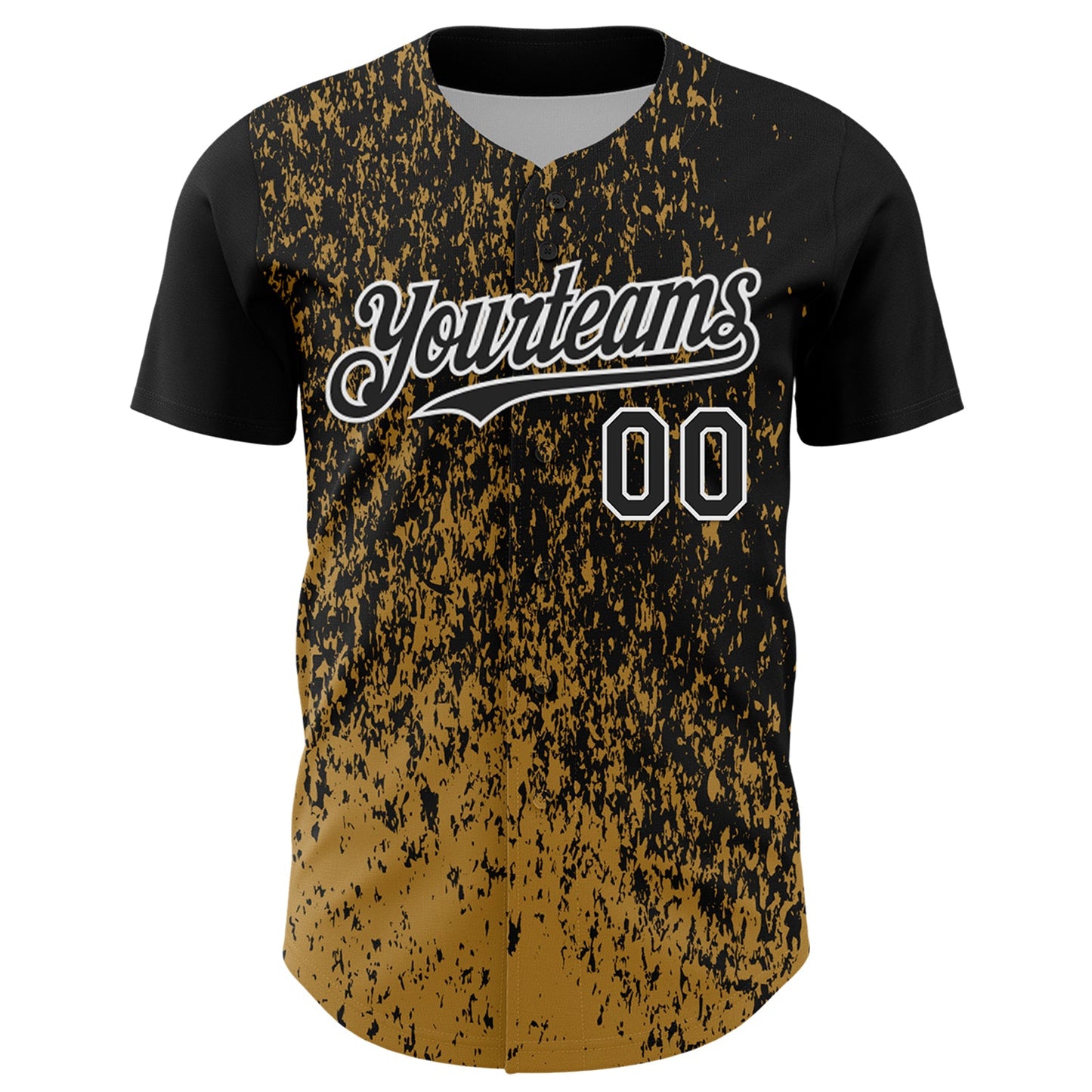 Custom Black Old Gold-White Abstract Fragment Splatter Authentic Baseball Jersey view 2