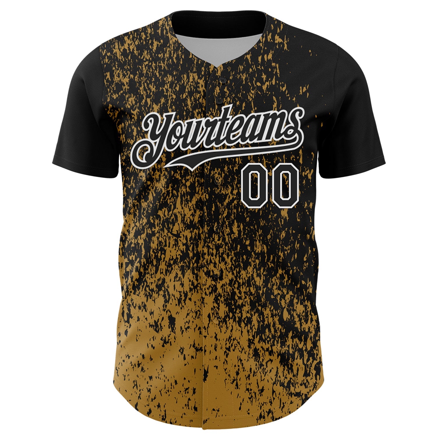 Custom Black Old Gold-White Abstract Fragment Splatter Authentic Baseball Jersey view 2