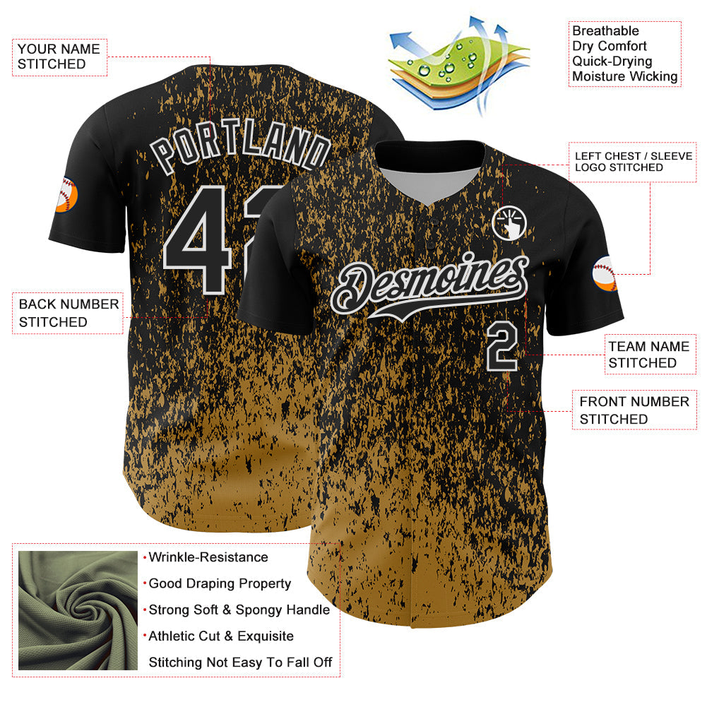Custom Black Old Gold-White Abstract Fragment Splatter Authentic Baseball Jersey view 3